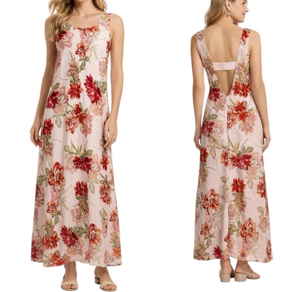 Anthropologie Paper Heart Linen Blend Boho Floral Backless Open Back Shift Dress